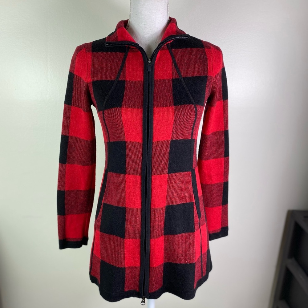 Adrienne Vittadini women XS buffalo plaid fitted zip sweater pockets red/black - Picture 2 of 8